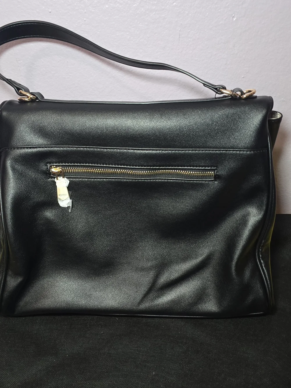 Black Faux Leather Shoulder Bag with Gold Hardware